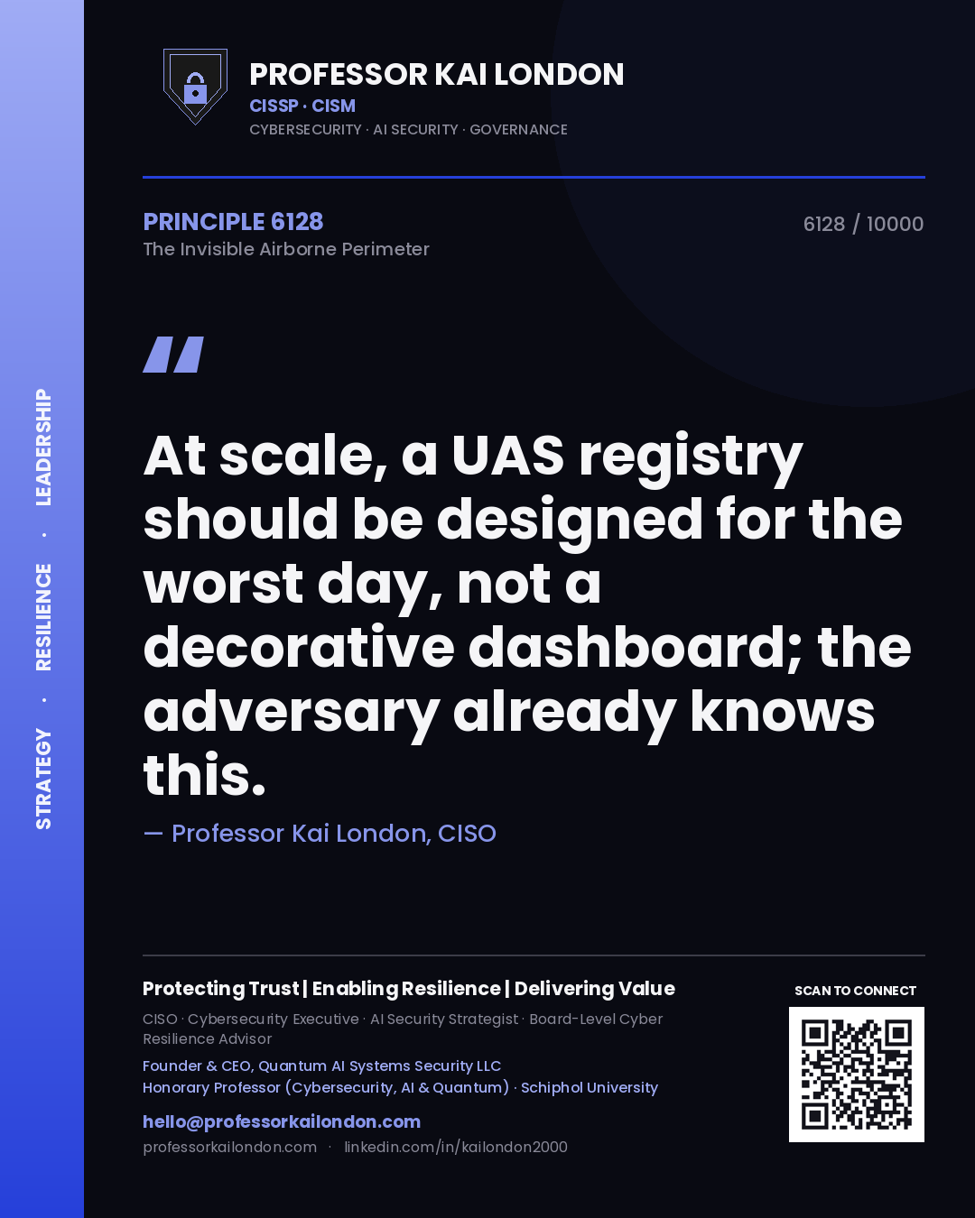 Professor Kai London principle 6128: At scale, a UAS registry should be designed for the worst day, not a decorative dashboard; the adversary already knows this.