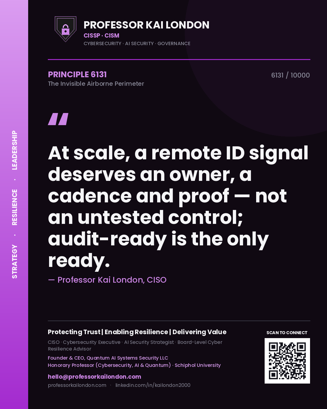 Quote card by Professor Kai London reading 'At scale, a remote ID signal deserves an owner, a cadence and proof — not an untested control; audit-ready is the only ready.'. From the book The Invisible Airborne Perimeter.