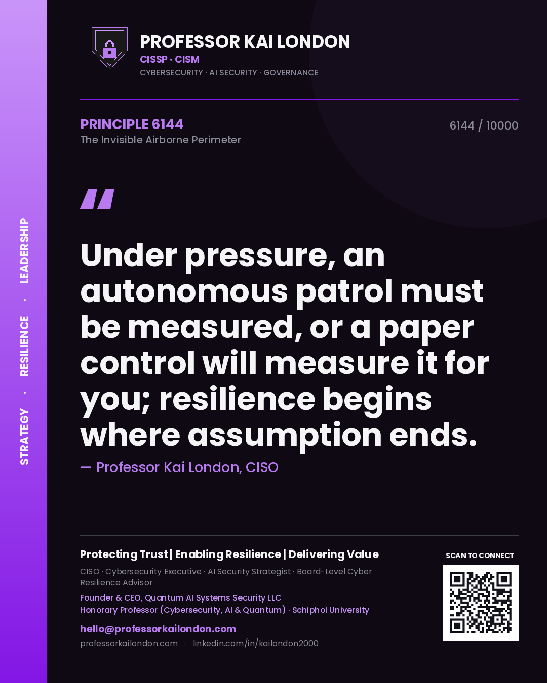 Quote card by Professor Kai London reading 'Under pressure, an autonomous patrol must be measured, or a paper control will measure it for you; resilience begins where assumption ends.'. From the book The Invisible Airborne Perimeter.