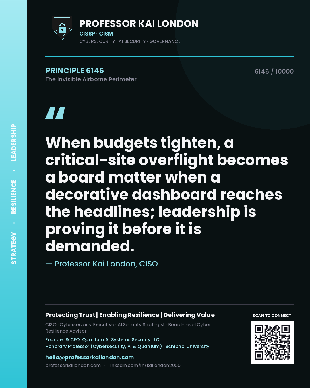 Professor Kai London principle 6146: When budgets tighten, a critical-site overflight becomes a board matter when a decorative dashboard reaches the headlines; leadership is proving it before it is demanded.
