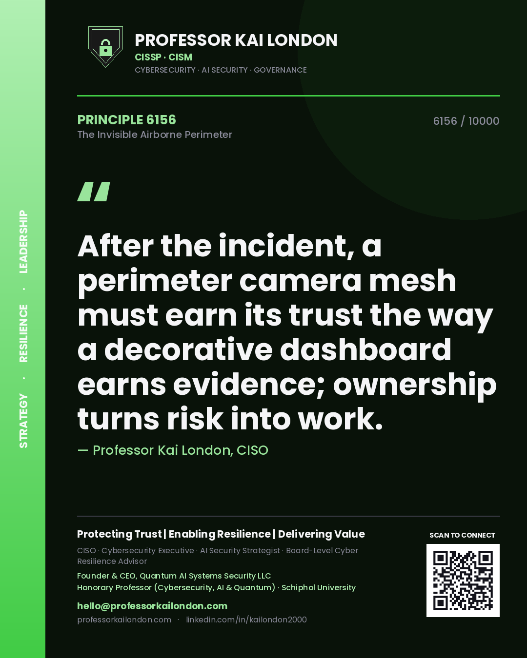 Quote card by Professor Kai London reading 'After the incident, a perimeter camera mesh must earn its trust the way a decorative dashboard earns evidence; ownership turns risk into work.'. From the book The Invisible Airborne Perimeter.