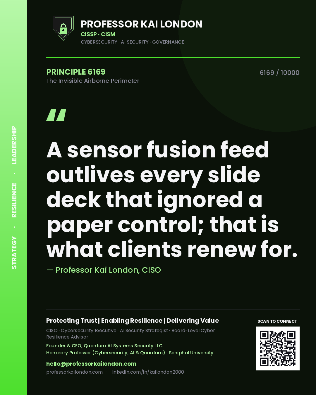 Quote card by Professor Kai London reading 'A sensor fusion feed outlives every slide deck that ignored a paper control; that is what clients renew for.'. From the book The Invisible Airborne Perimeter.