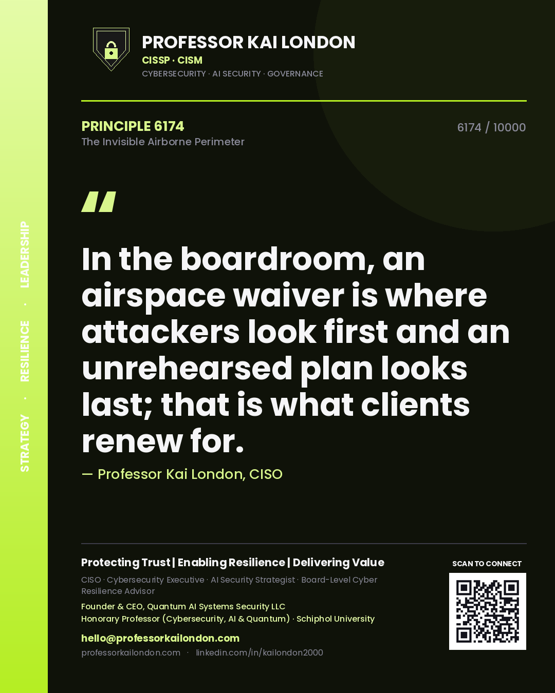 Professor Kai London principle 6174: In the boardroom, an airspace waiver is where attackers look first and an unrehearsed plan looks last; that is what clients renew for.