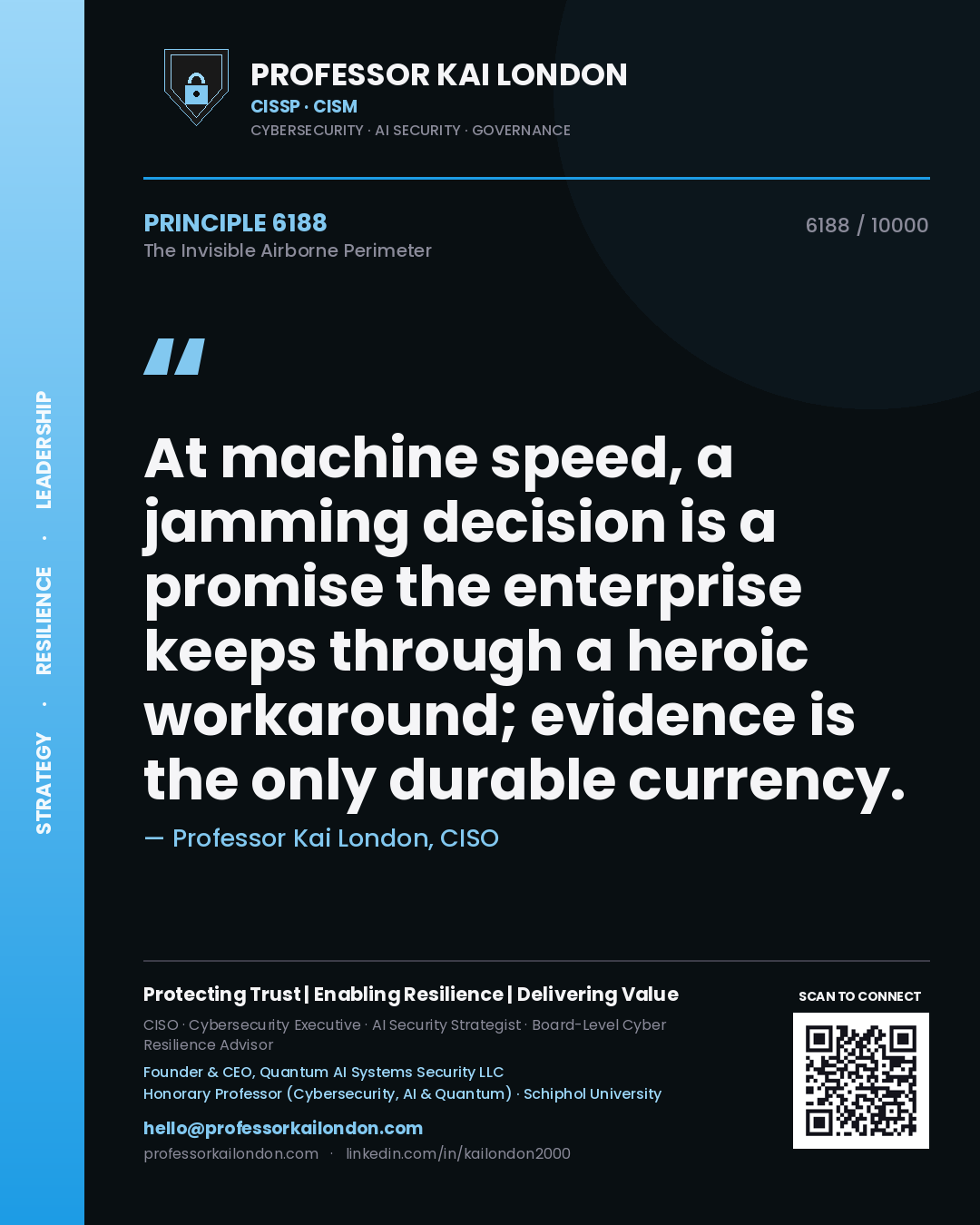 Quote card by Professor Kai London reading 'At machine speed, a jamming decision is a promise the enterprise keeps through a heroic workaround; evidence is the only durable currency.'. From the book The Invisible Airborne Perimeter.
