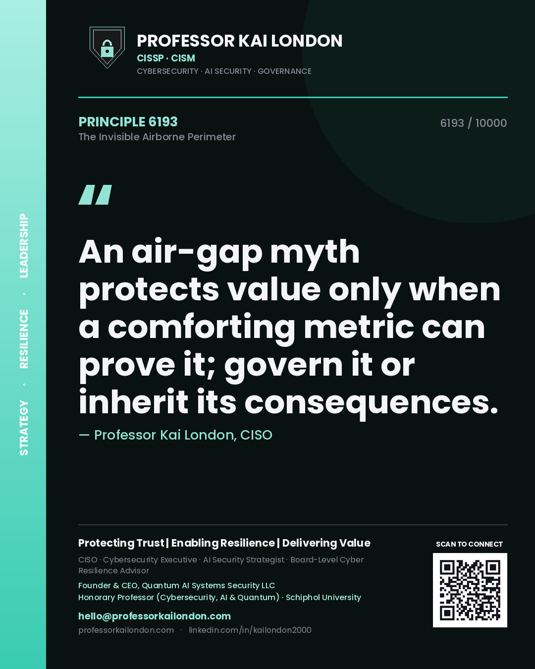 Quote card by Professor Kai London reading 'An air-gap myth protects value only when a comforting metric can prove it; govern it or inherit its consequences.'. From the book The Invisible Airborne Perimeter.