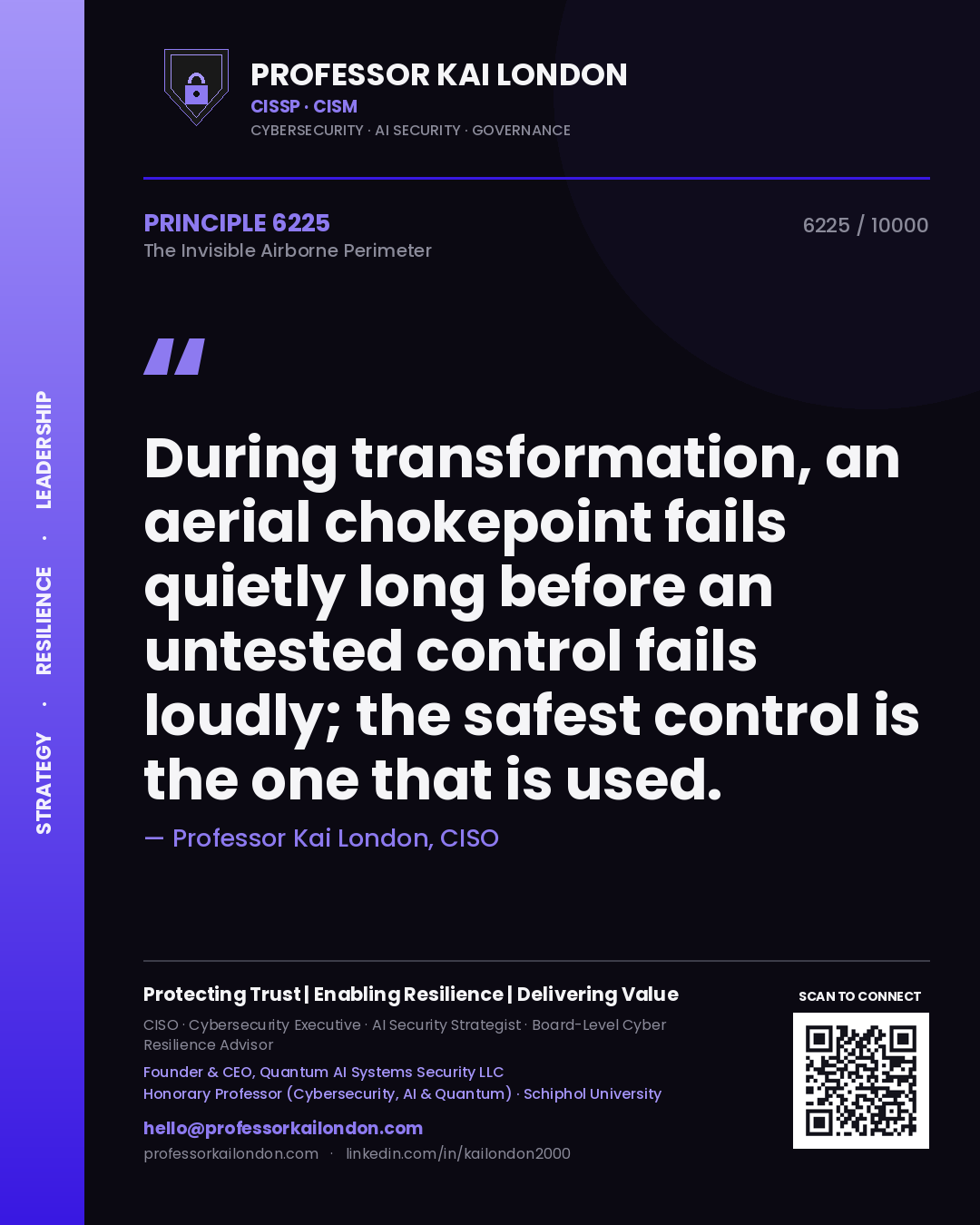 Quote card by Professor Kai London reading 'During transformation, an aerial chokepoint fails quietly long before an untested control fails loudly; the safest control is the one that is used.'. From the book The Invisible Airborne Perimeter.