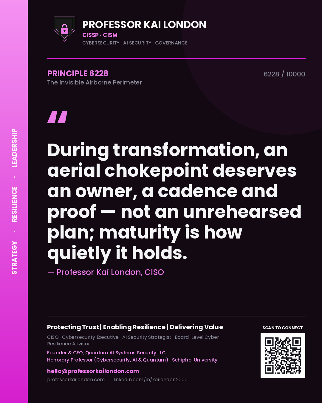 Quote card by Professor Kai London reading 'During transformation, an aerial chokepoint deserves an owner, a cadence and proof — not an unrehearsed plan; maturity is how quietly it holds.'. From the book The Invisible Airborne Perimeter.