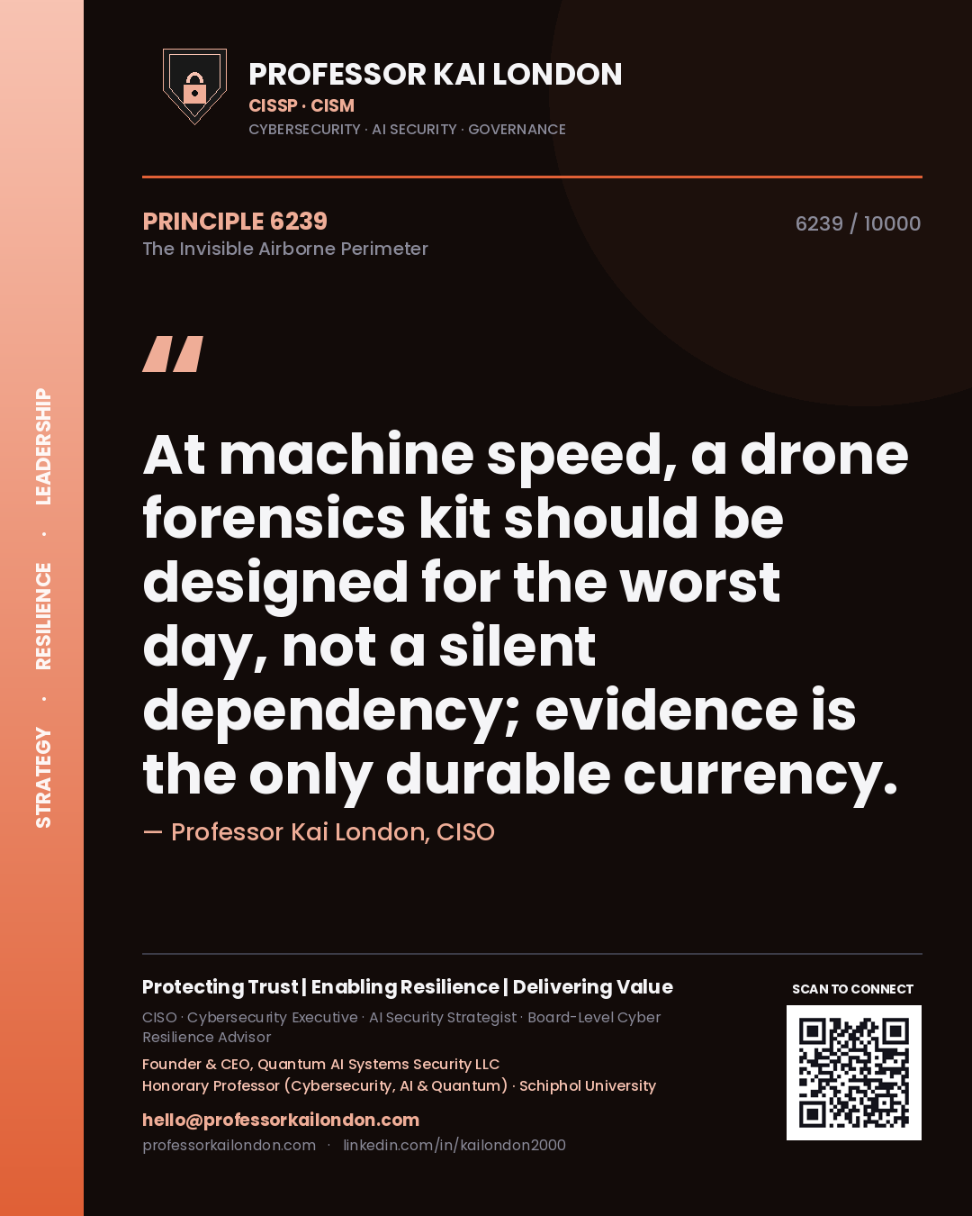 Quote card by Professor Kai London reading 'At machine speed, a drone forensics kit should be designed for the worst day, not a silent dependency; evidence is the only durable currency.'. From the book The Invisible Airborne Perimeter.