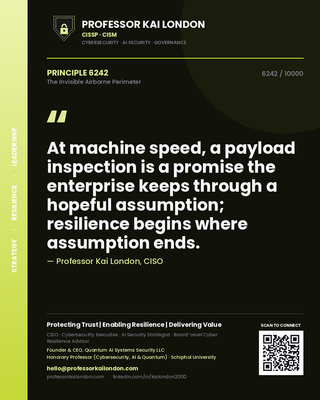 Quote card by Professor Kai London reading 'At machine speed, a payload inspection is a promise the enterprise keeps through a hopeful assumption; resilience begins where assumption ends.'. From the book The Invisible Airborne Perimeter.