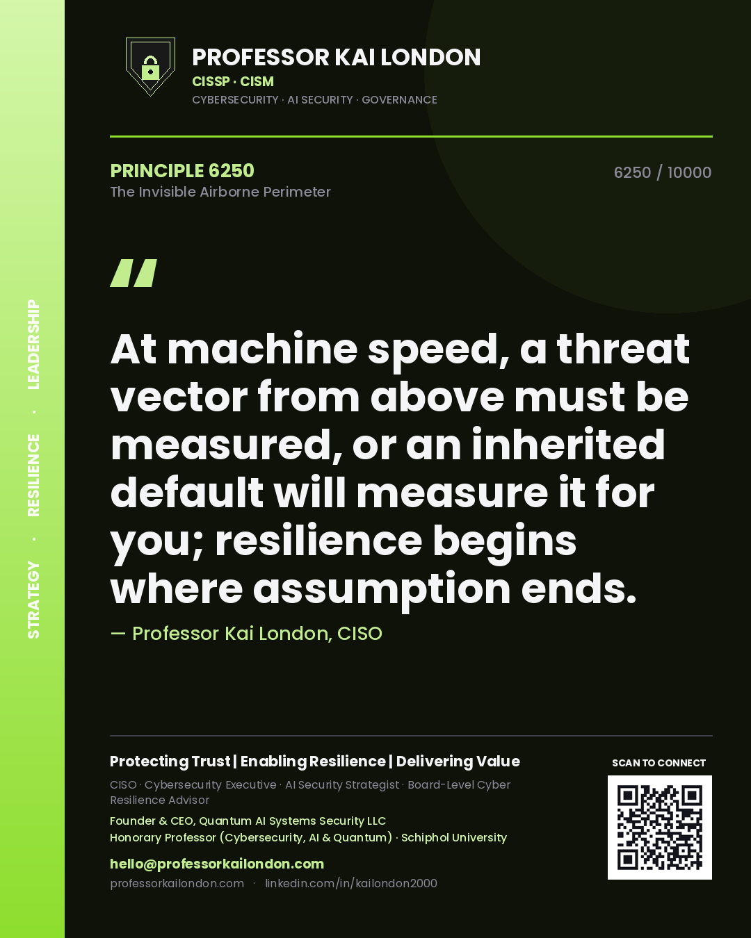 Professor Kai London principle 6250: At machine speed, a threat vector from above must be measured, or an inherited default will measure it for you; resilience begins where assumption ends.