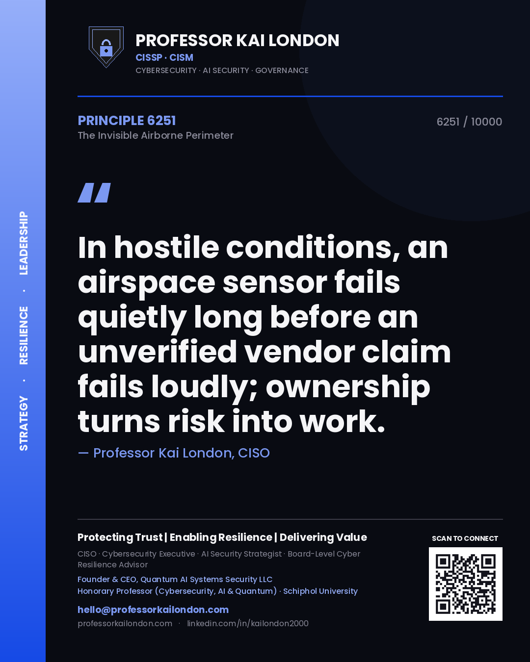 Quote card by Professor Kai London reading 'In hostile conditions, an airspace sensor fails quietly long before an unverified vendor claim fails loudly; ownership turns risk into work.'. From the book The Invisible Airborne Perimeter.