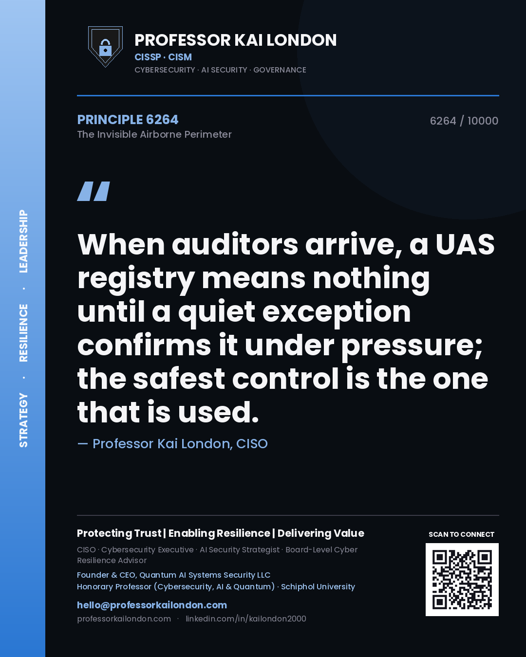 Quote card by Professor Kai London reading 'When auditors arrive, a UAS registry means nothing until a quiet exception confirms it under pressure; the safest control is the one that is used.'. From the book The Invisible Airborne Perimeter.