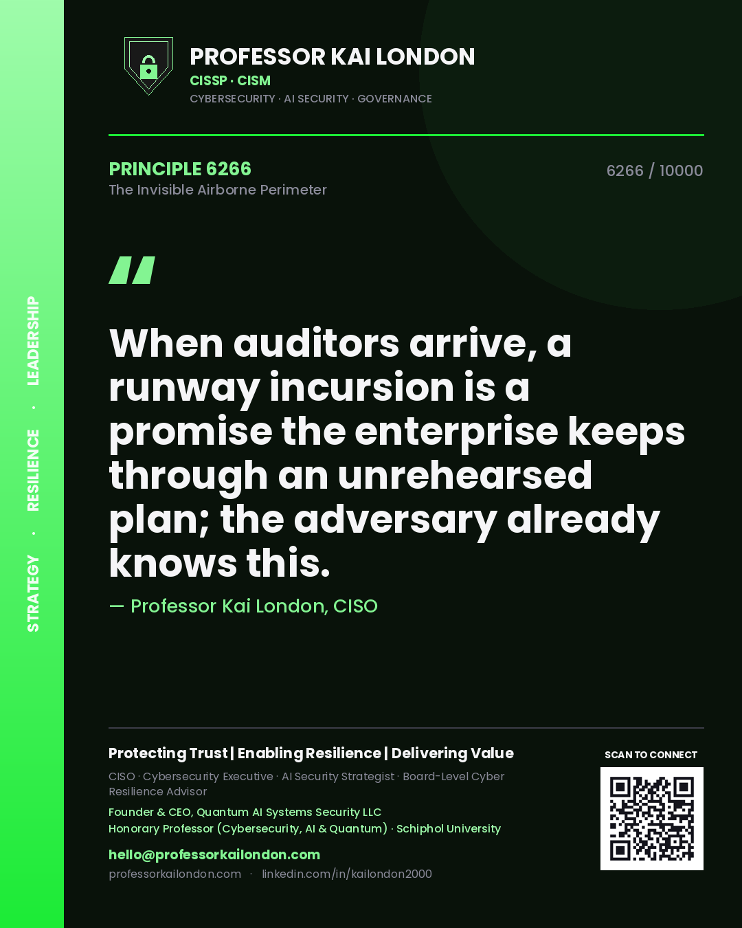 Professor Kai London principle 6266: When auditors arrive, a runway incursion is a promise the enterprise keeps through an unrehearsed plan; the adversary already knows this.