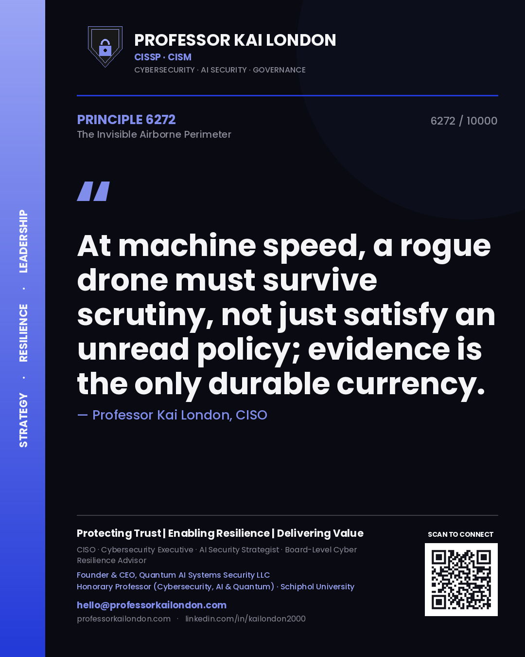 Quote card by Professor Kai London reading 'At machine speed, a rogue drone must survive scrutiny, not just satisfy an unread policy; evidence is the only durable currency.'. From the book The Invisible Airborne Perimeter.