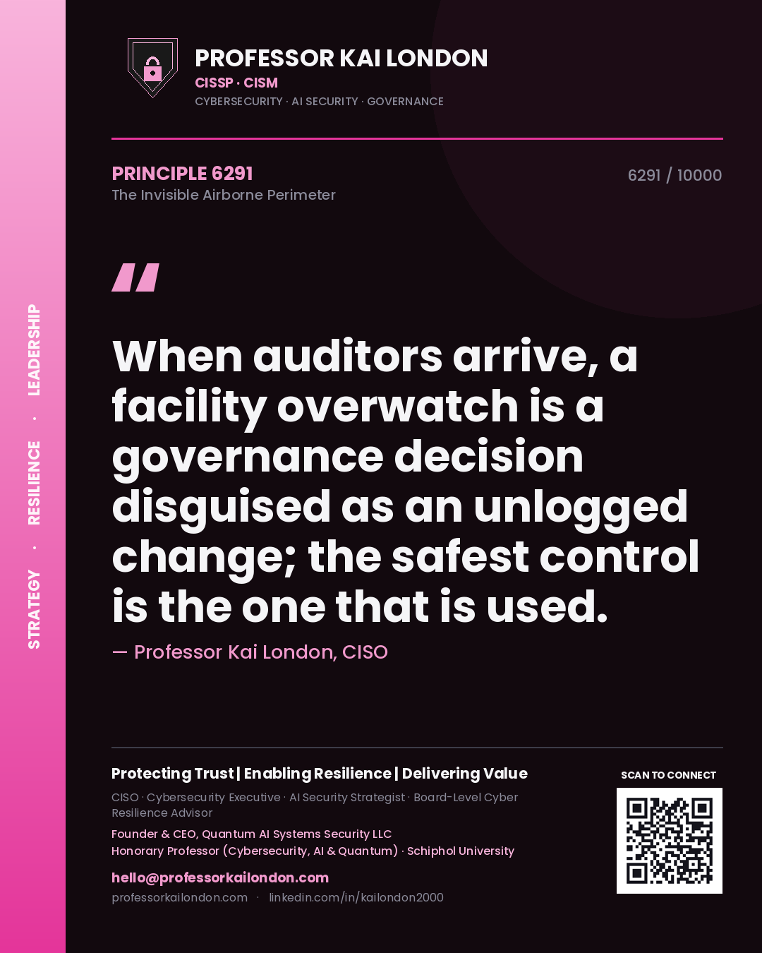 Professor Kai London principle 6291: When auditors arrive, a facility overwatch is a governance decision disguised as an unlogged change; the safest control is the one that is used.