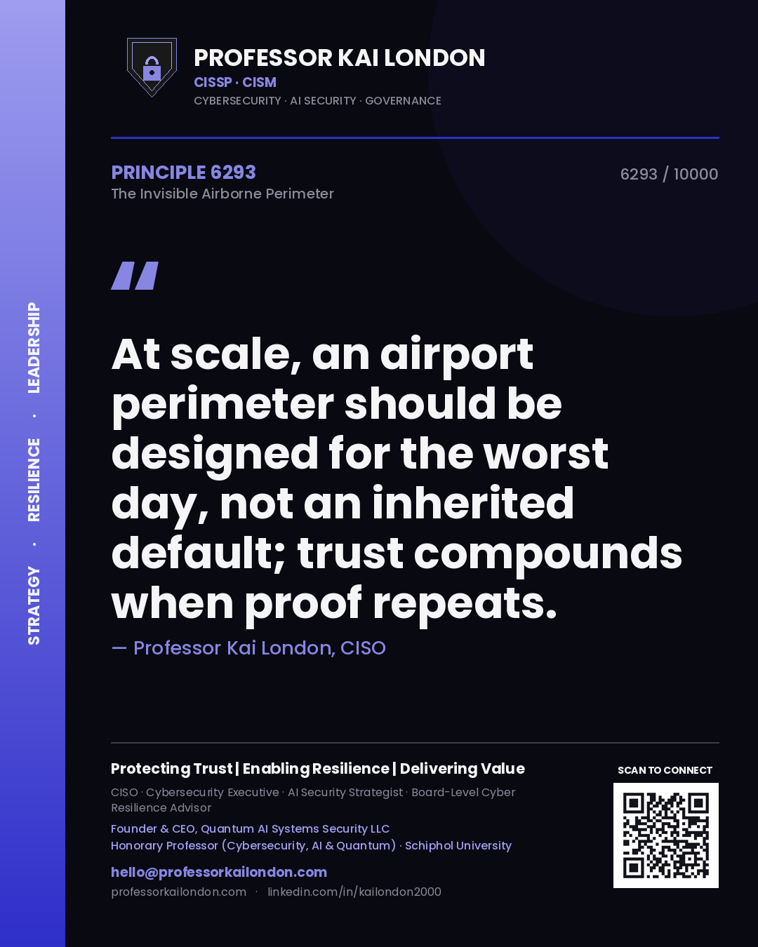 Quote card by Professor Kai London reading 'At scale, an airport perimeter should be designed for the worst day, not an inherited default; trust compounds when proof repeats.'. From the book The Invisible Airborne Perimeter.