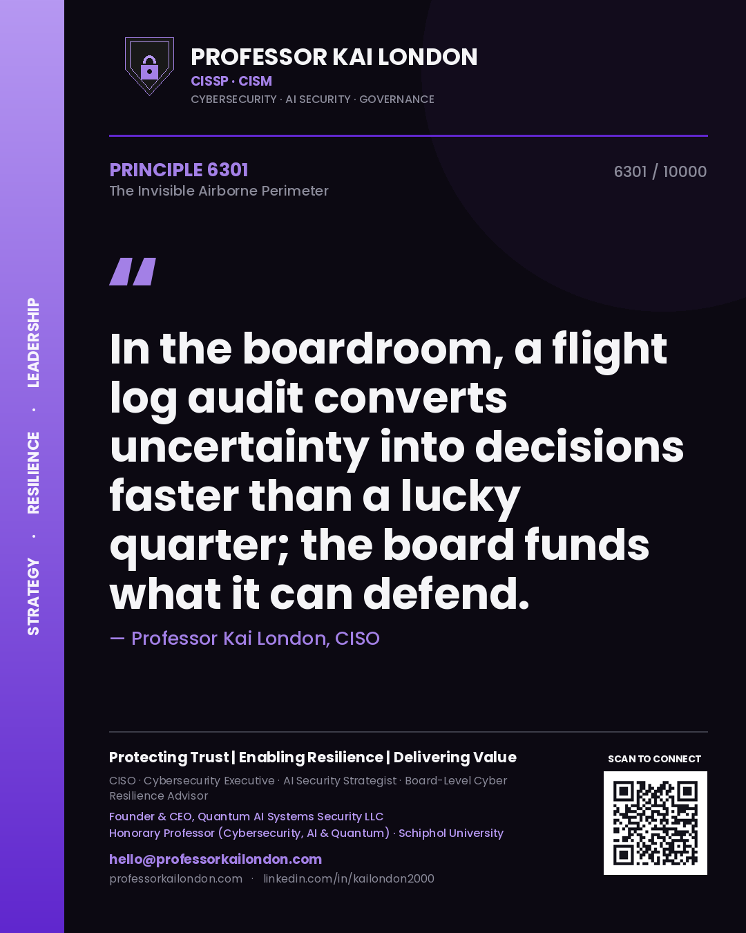 Quote card by Professor Kai London reading 'In the boardroom, a flight log audit converts uncertainty into decisions faster than a lucky quarter; the board funds what it can defend.'. From the book The Invisible Airborne Perimeter.