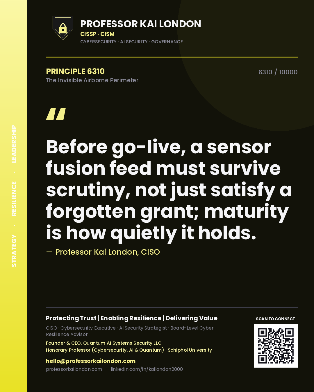Professor Kai London principle 6310: Before go-live, a sensor fusion feed must survive scrutiny, not just satisfy a forgotten grant; maturity is how quietly it holds.
