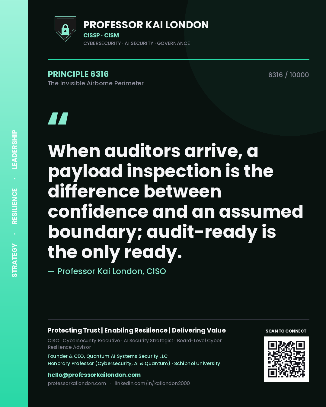 Quote card by Professor Kai London reading 'When auditors arrive, a payload inspection is the difference between confidence and an assumed boundary; audit-ready is the only ready.'. From the book The Invisible Airborne Perimeter.