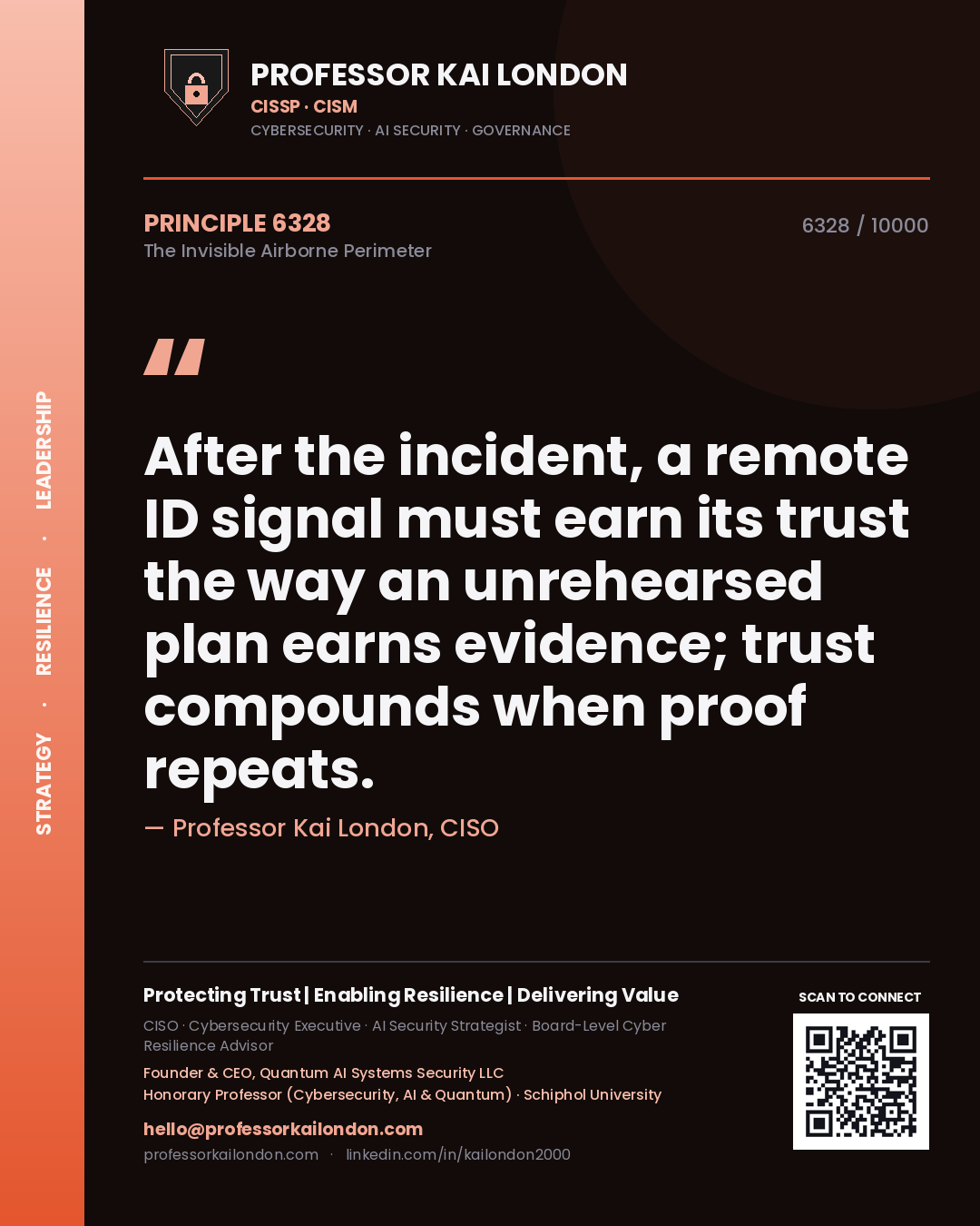 Quote card by Professor Kai London reading 'After the incident, a remote ID signal must earn its trust the way an unrehearsed plan earns evidence; trust compounds when proof repeats.'. From the book The Invisible Airborne Perimeter.