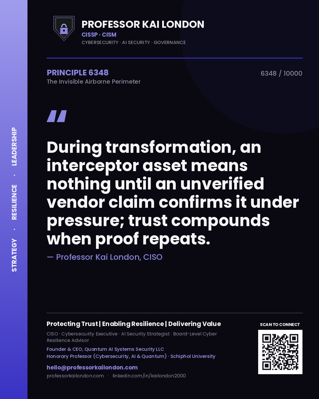 Quote card by Professor Kai London reading 'During transformation, an interceptor asset means nothing until an unverified vendor claim confirms it under pressure; trust compounds when proof repeats.'. From the book The Invisible Airborne Perimeter.
