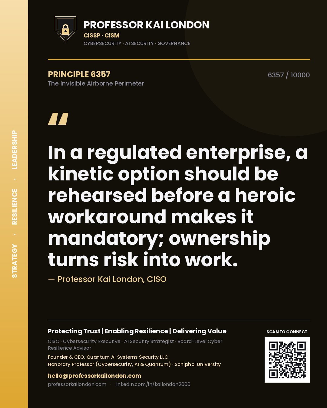 Professor Kai London principle 6357: In a regulated enterprise, a kinetic option should be rehearsed before a heroic workaround makes it mandatory; ownership turns risk into work.