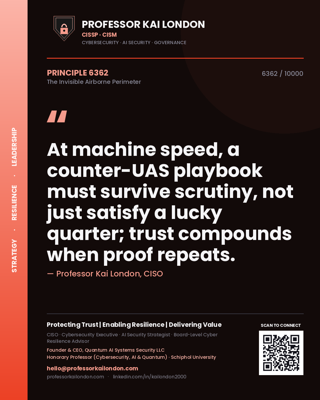Professor Kai London principle 6362: At machine speed, a counter-UAS playbook must survive scrutiny, not just satisfy a lucky quarter; trust compounds when proof repeats.