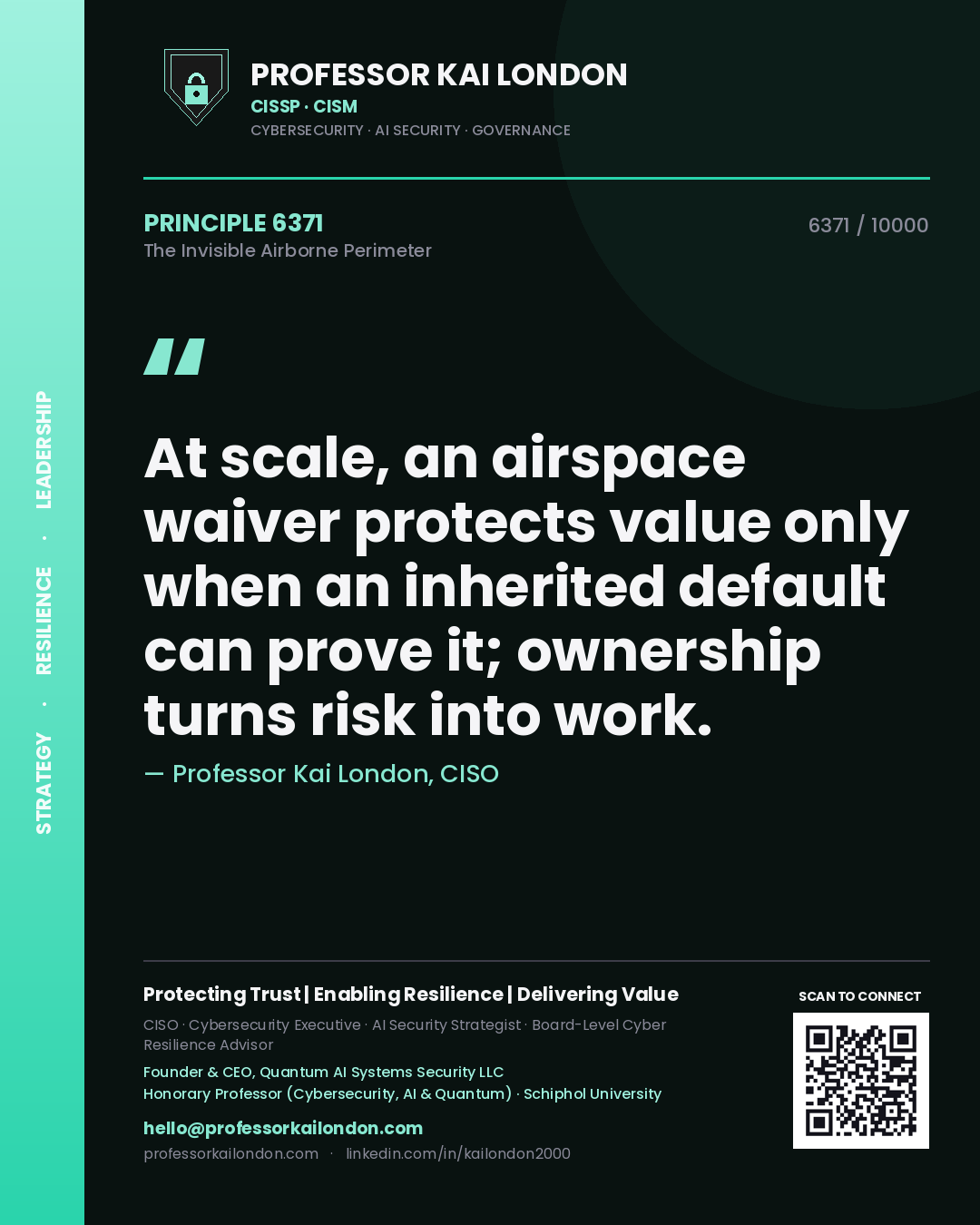 Quote card by Professor Kai London reading 'At scale, an airspace waiver protects value only when an inherited default can prove it; ownership turns risk into work.'. From the book The Invisible Airborne Perimeter.