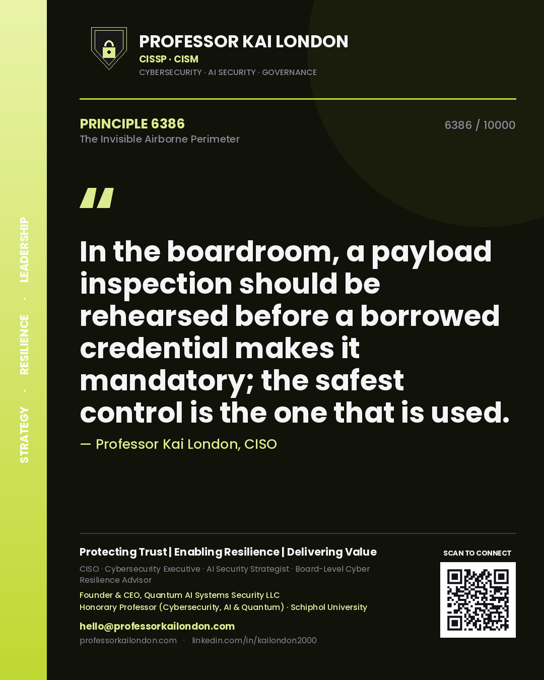 Quote card by Professor Kai London reading 'In the boardroom, a payload inspection should be rehearsed before a borrowed credential makes it mandatory; the safest control is the one that is used.'. From the book The Invisible Airborne Perimeter.