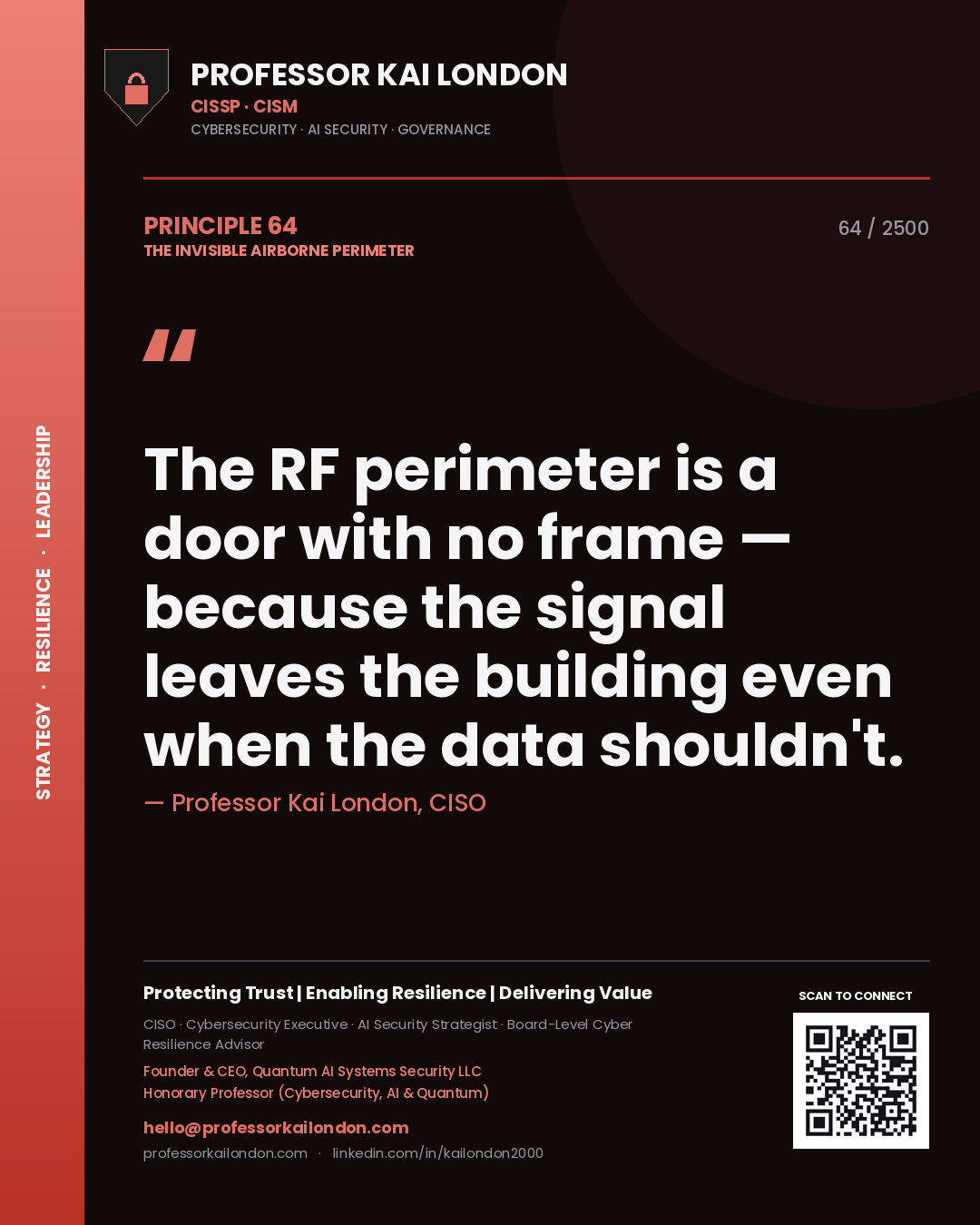 Professor Kai London principle 64: The RF perimeter is a door with no frame — because the signal leaves the building even when the data shouldn't.
