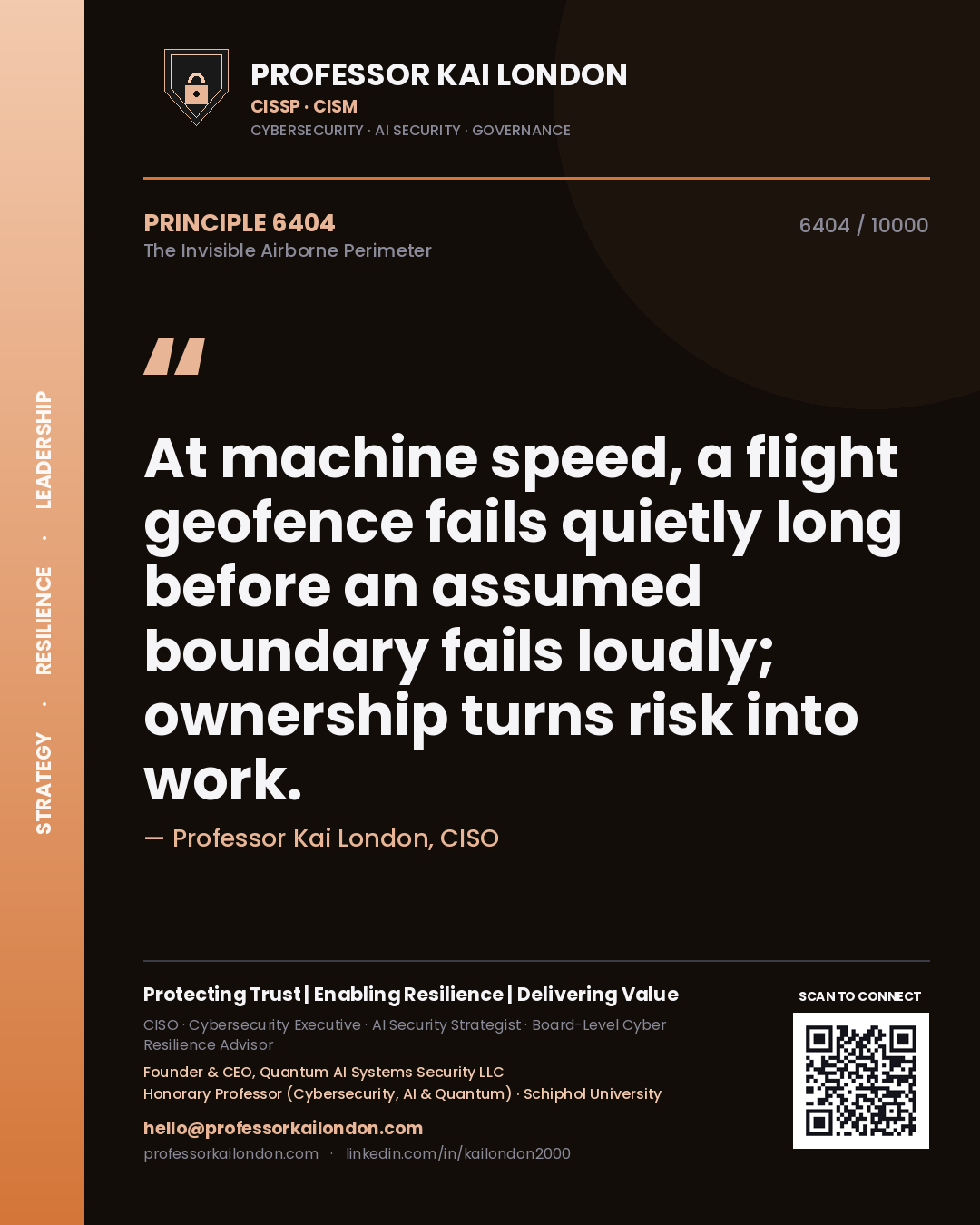 Quote card by Professor Kai London reading 'At machine speed, a flight geofence fails quietly long before an assumed boundary fails loudly; ownership turns risk into work.'. From the book The Invisible Airborne Perimeter.
