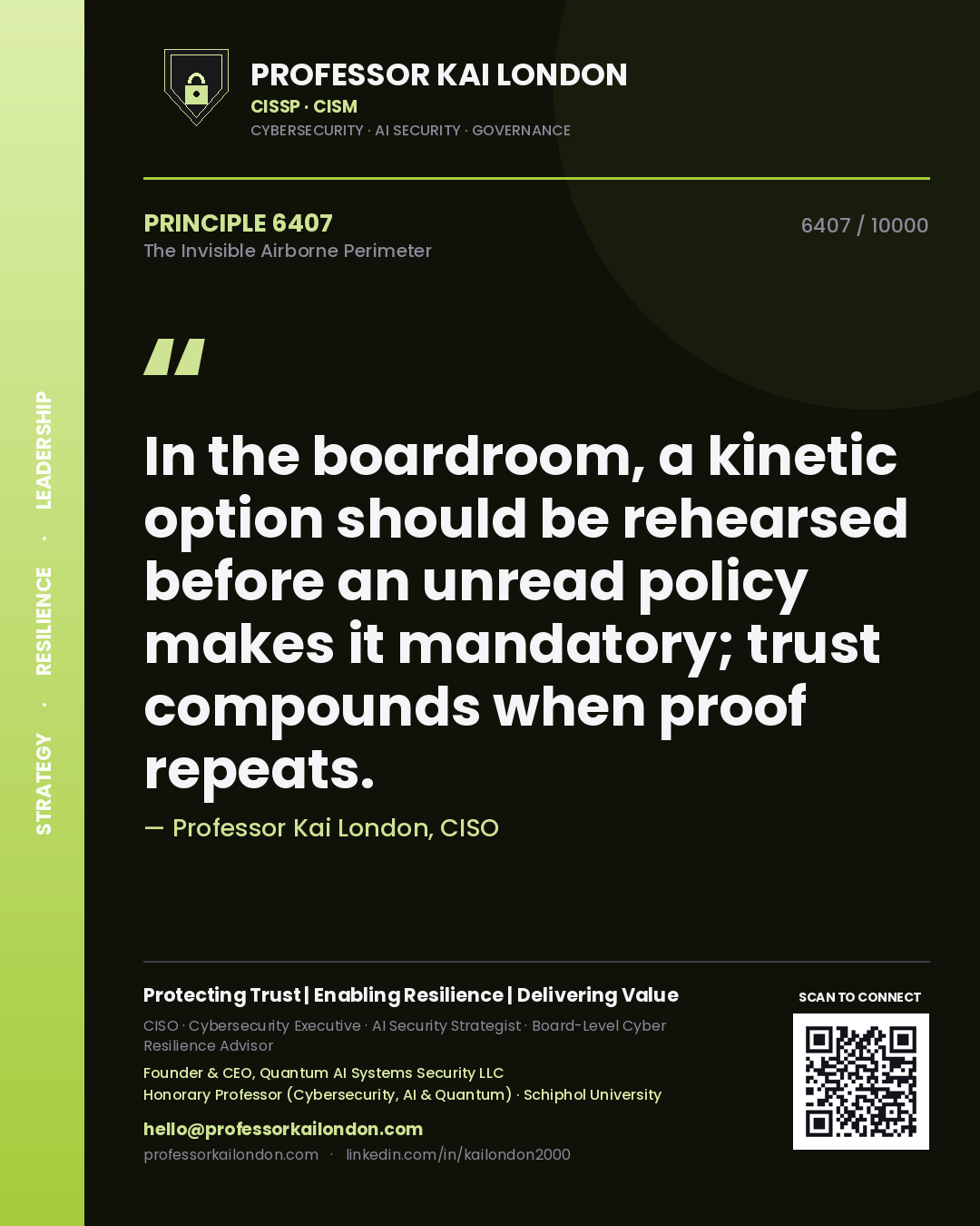 Professor Kai London principle 6407: In the boardroom, a kinetic option should be rehearsed before an unread policy makes it mandatory; trust compounds when proof repeats.