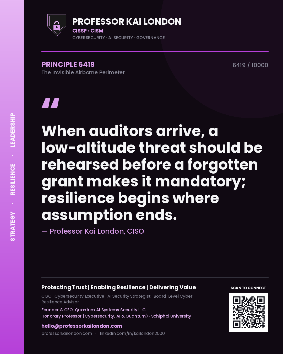 Professor Kai London principle 6419: When auditors arrive, a low-altitude threat should be rehearsed before a forgotten grant makes it mandatory; resilience begins where assumption ends.