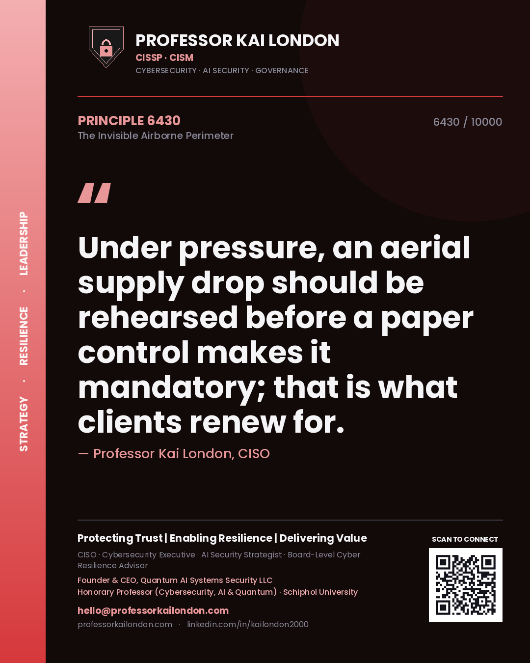 Professor Kai London principle 6430: Under pressure, an aerial supply drop should be rehearsed before a paper control makes it mandatory; that is what clients renew for.