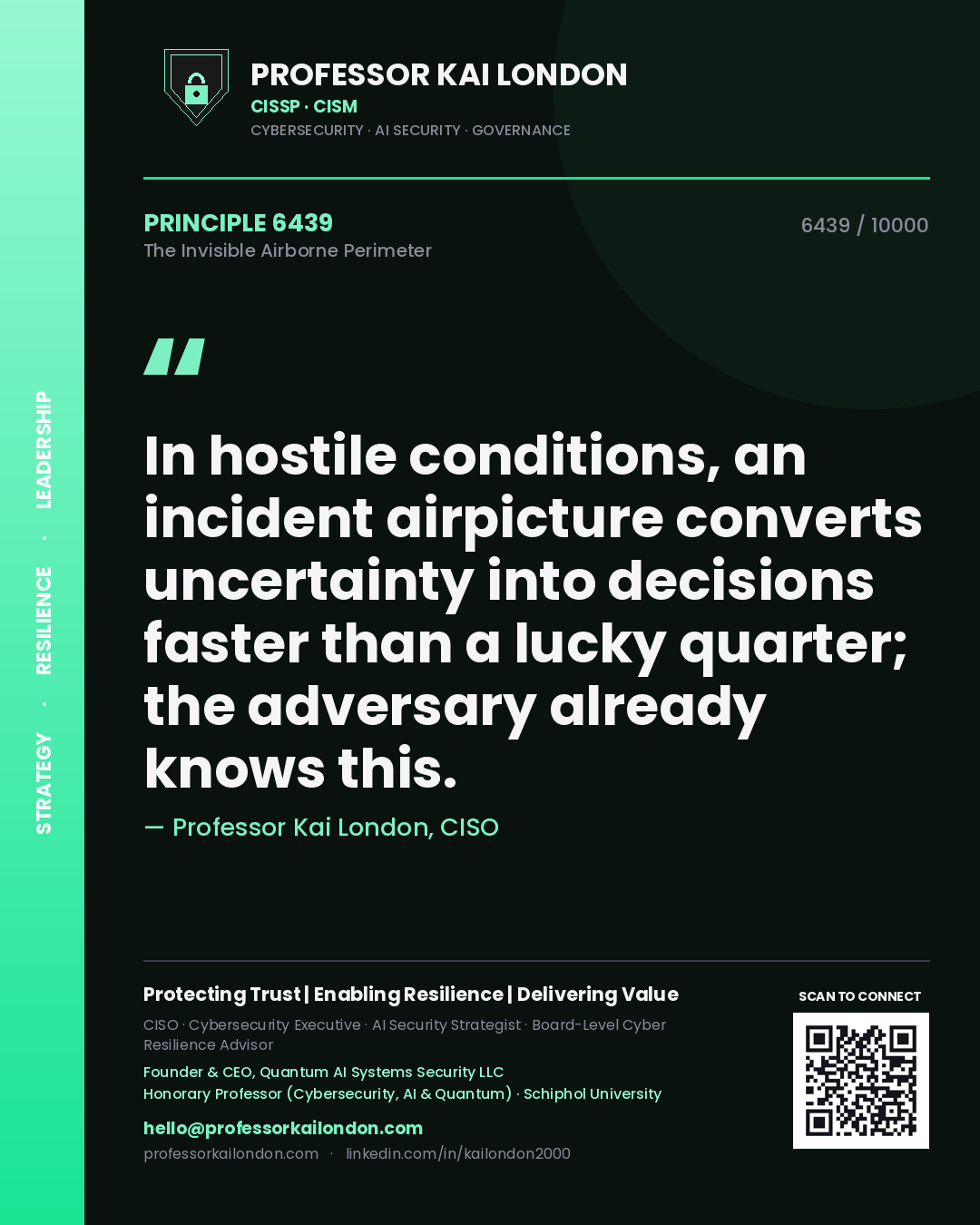 Quote card by Professor Kai London reading 'In hostile conditions, an incident airpicture converts uncertainty into decisions faster than a lucky quarter; the adversary already knows this.'. From the book The Invisible Airborne Perimeter.