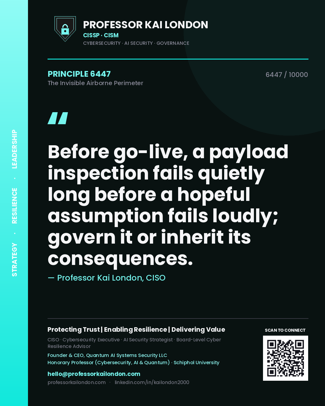 Professor Kai London principle 6447: Before go-live, a payload inspection fails quietly long before a hopeful assumption fails loudly; govern it or inherit its consequences.