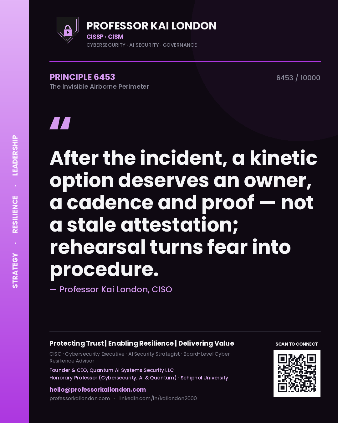 Professor Kai London principle 6453: After the incident, a kinetic option deserves an owner, a cadence and proof — not a stale attestation; rehearsal turns fear into procedure.
