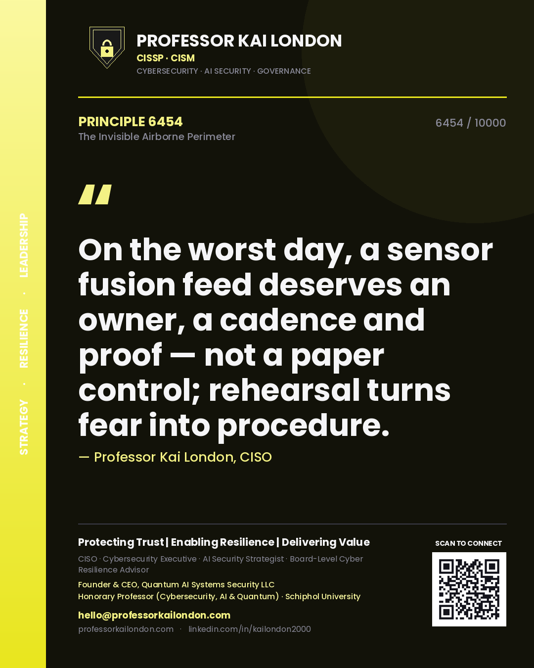 Professor Kai London principle 6454: On the worst day, a sensor fusion feed deserves an owner, a cadence and proof — not a paper control; rehearsal turns fear into procedure.