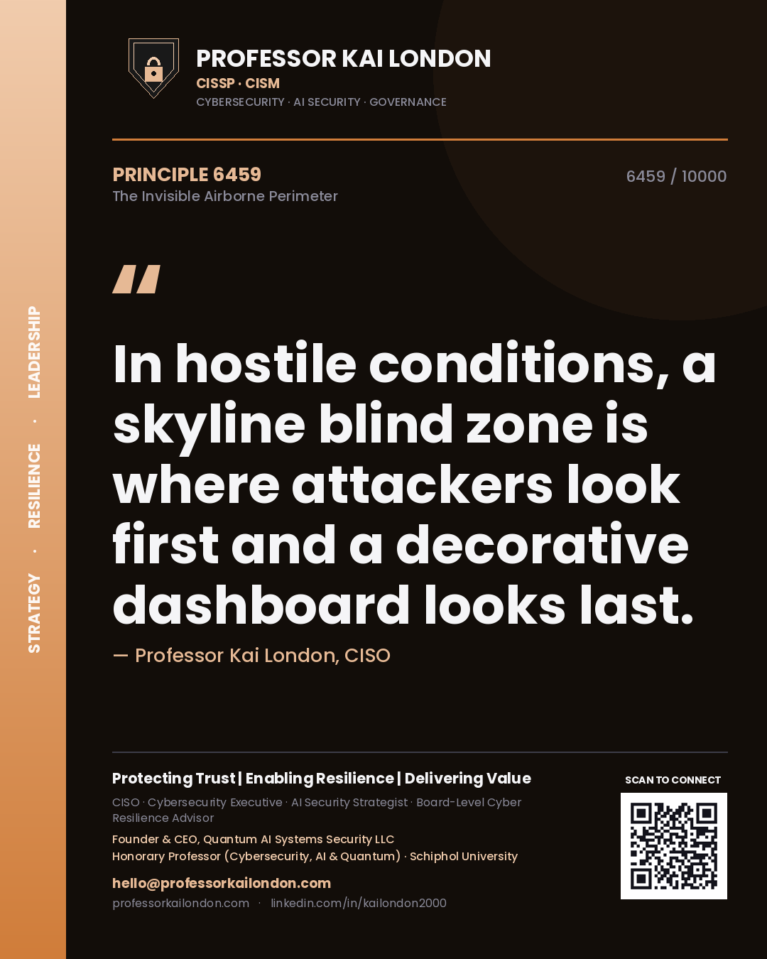 Professor Kai London principle 6459: In hostile conditions, a skyline blind zone is where attackers look first and a decorative dashboard looks last.