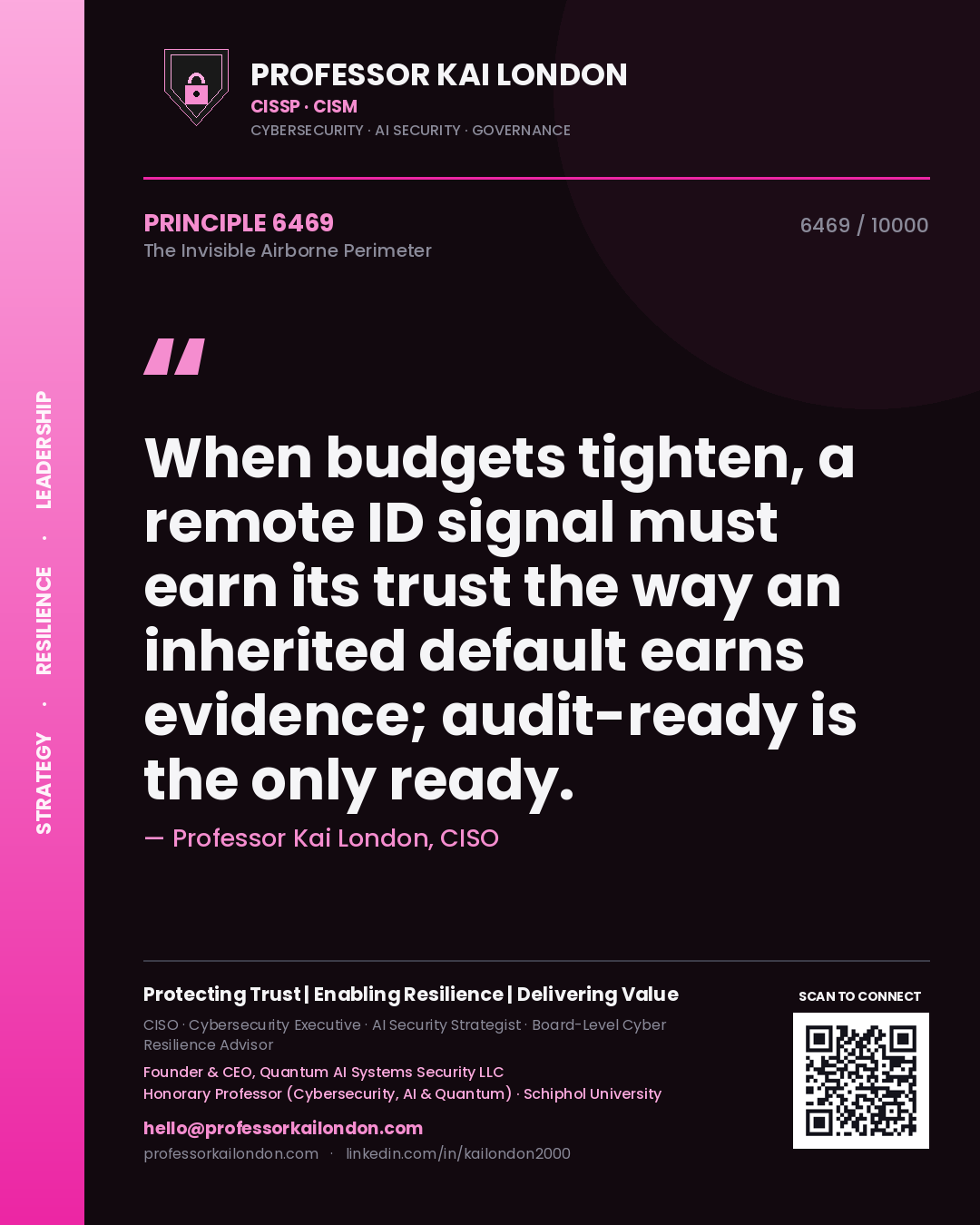 Quote card by Professor Kai London reading 'When budgets tighten, a remote ID signal must earn its trust the way an inherited default earns evidence; audit-ready is the only ready.'. From the book The Invisible Airborne Perimeter.