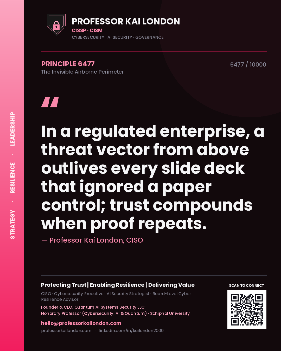 Professor Kai London principle 6477: In a regulated enterprise, a threat vector from above outlives every slide deck that ignored a paper control; trust compounds when proof repeats.