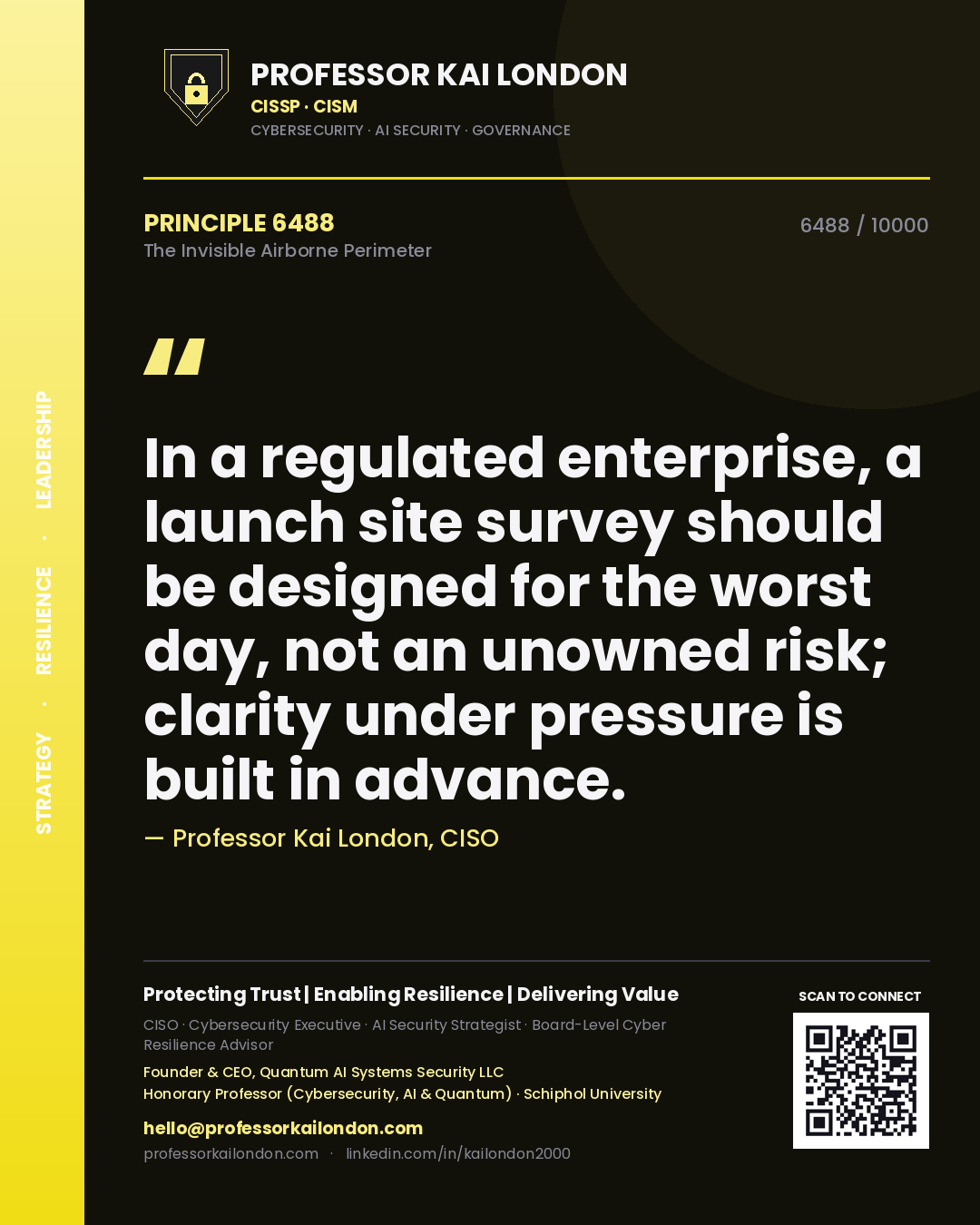 Professor Kai London principle 6488: In a regulated enterprise, a launch site survey should be designed for the worst day, not an unowned risk; clarity under pressure is built in advance.