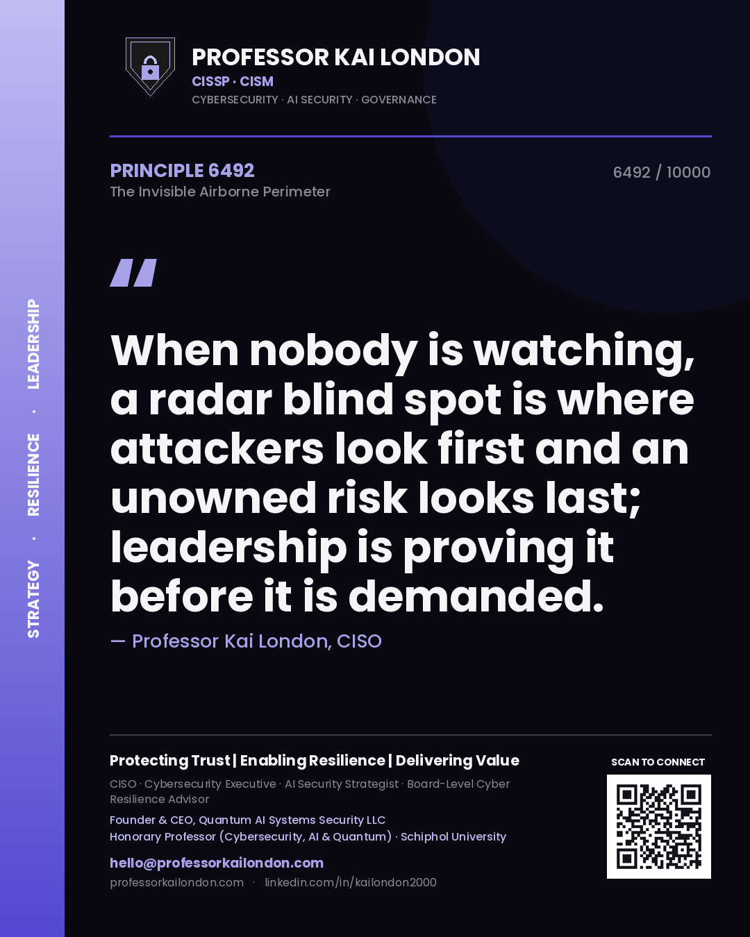 Professor Kai London principle 6492: When nobody is watching, a radar blind spot is where attackers look first and an unowned risk looks last; leadership is proving it before it is demanded.