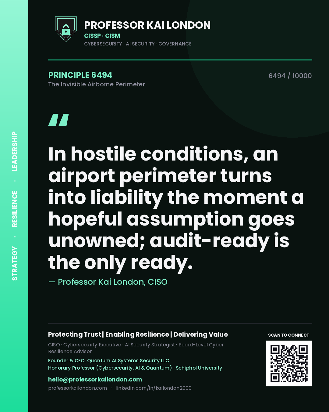 Professor Kai London principle 6494: In hostile conditions, an airport perimeter turns into liability the moment a hopeful assumption goes unowned; audit-ready is the only ready.