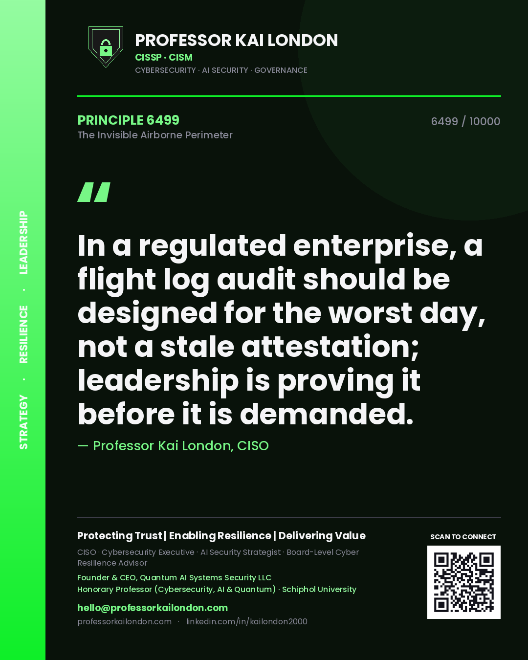 Professor Kai London principle 6499: In a regulated enterprise, a flight log audit should be designed for the worst day, not a stale attestation; leadership is proving it before it is demanded.