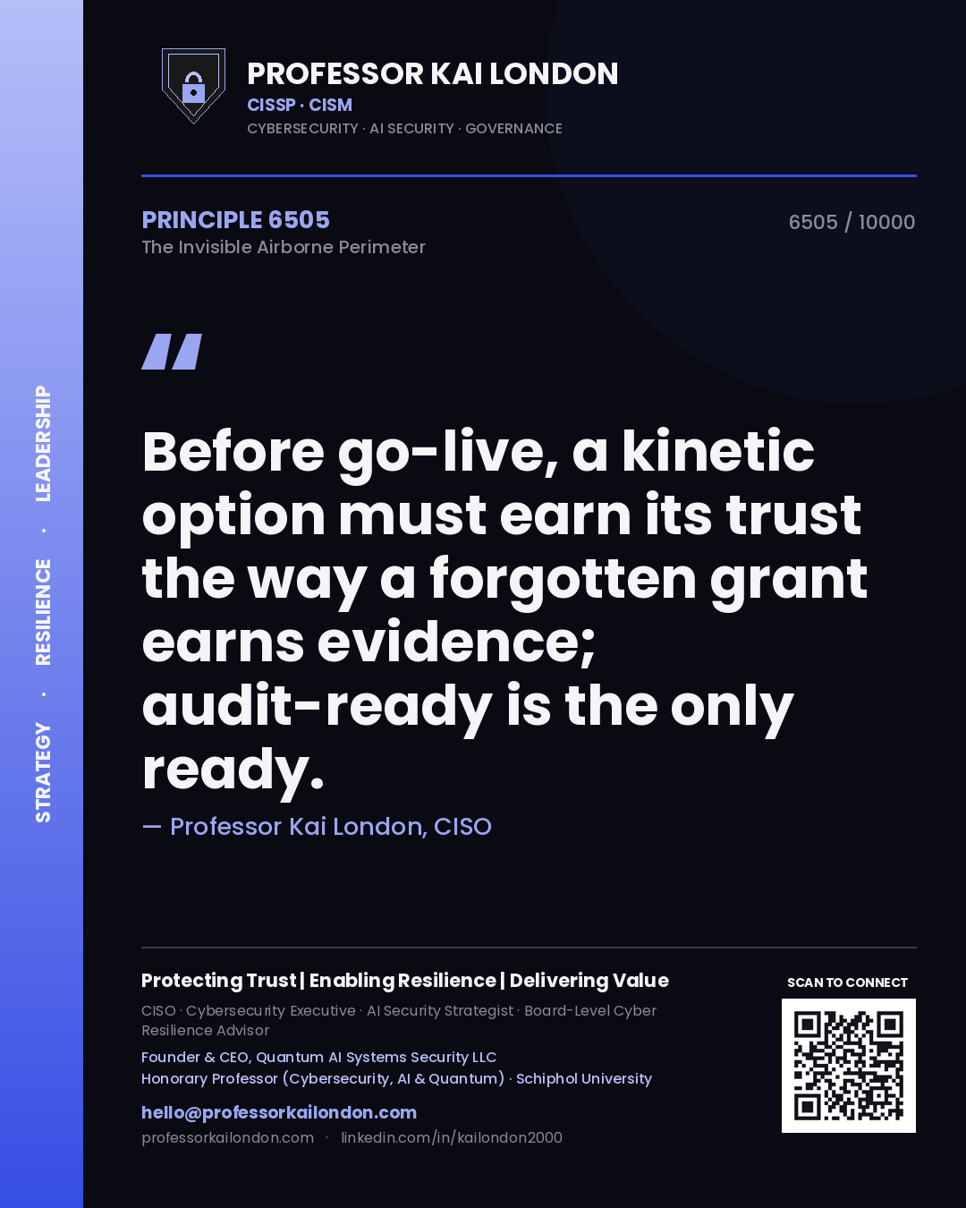 Professor Kai London principle 6505: Before go-live, a kinetic option must earn its trust the way a forgotten grant earns evidence; audit-ready is the only ready.