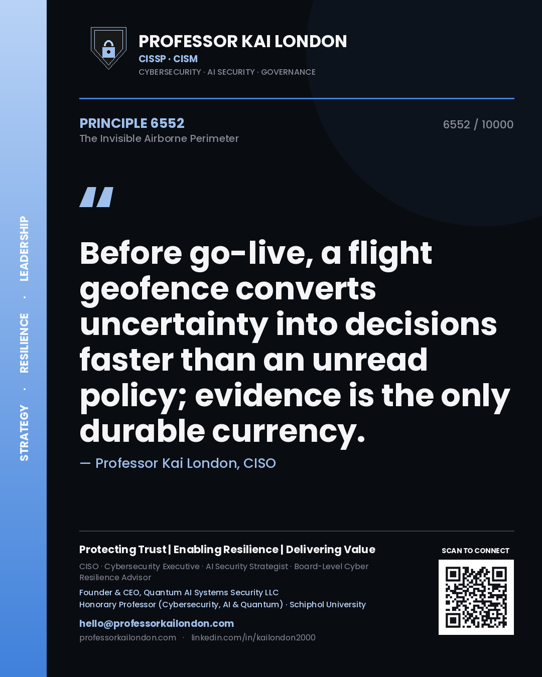 Professor Kai London principle 6552: Before go-live, a flight geofence converts uncertainty into decisions faster than an unread policy; evidence is the only durable currency.