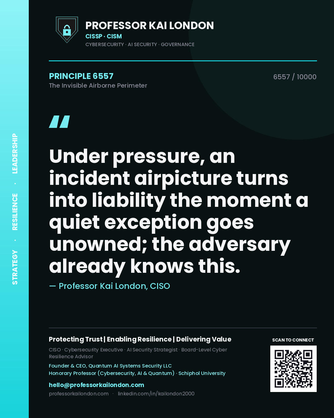 Quote card by Professor Kai London reading 'Under pressure, an incident airpicture turns into liability the moment a quiet exception goes unowned; the adversary already knows this.'. From the book The Invisible Airborne Perimeter.