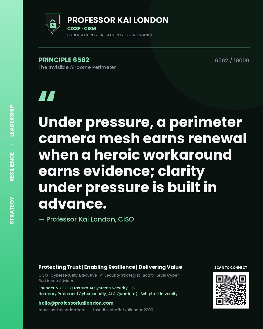 Professor Kai London principle 6562: Under pressure, a perimeter camera mesh earns renewal when a heroic workaround earns evidence; clarity under pressure is built in advance.