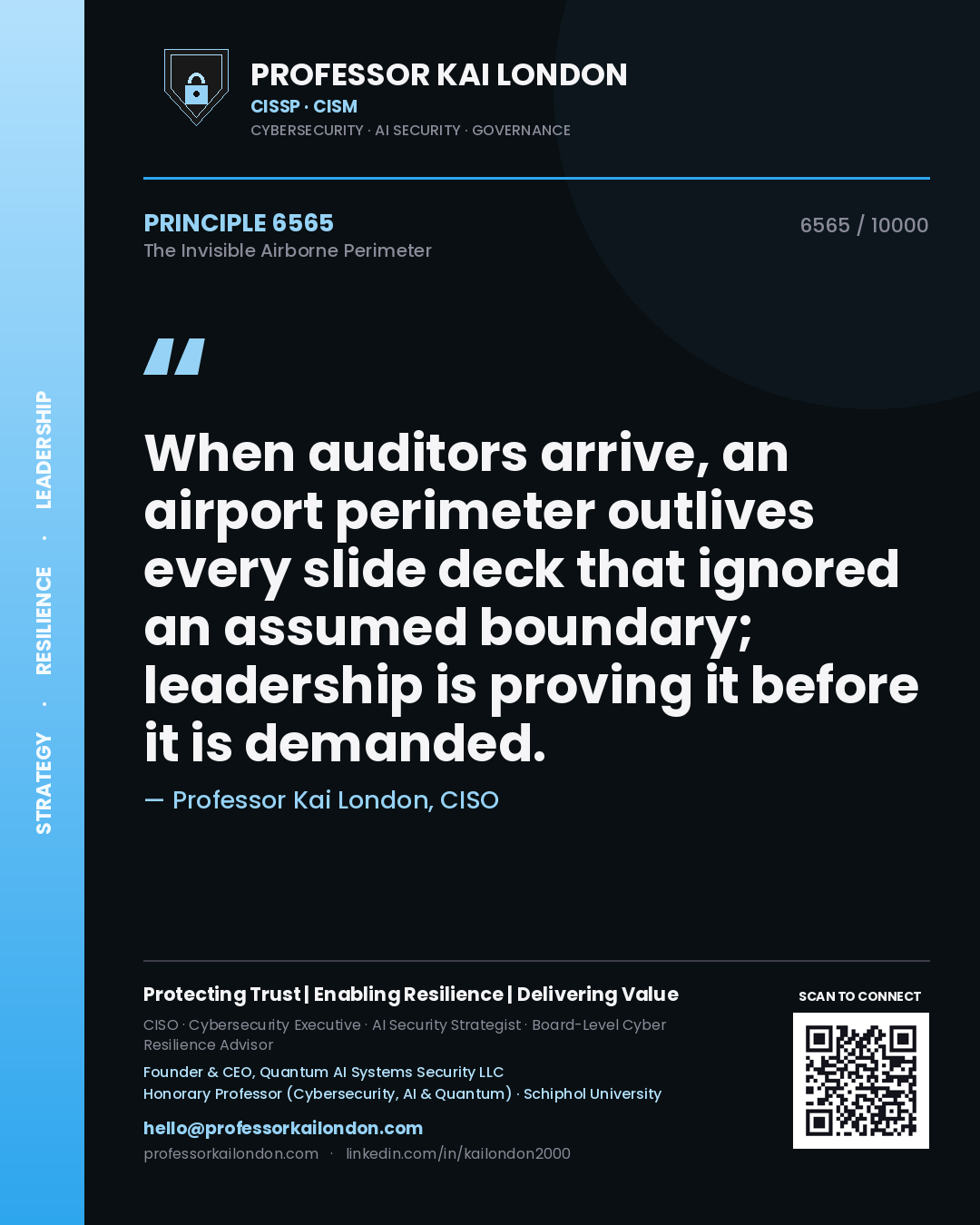 Professor Kai London principle 6565: When auditors arrive, an airport perimeter outlives every slide deck that ignored an assumed boundary; leadership is proving it before it is demanded.
